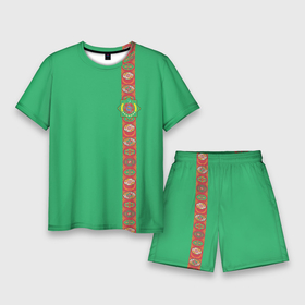 Мужской костюм с шортами 3D с принтом Туркменистан, лента с гербом ,  |  | tkm | tm | trkmenistan | азия | ашхабад | герб | государство | знак | надпись | патриот | полосы | республика | символ | снг | страна | туркмен | туркменистан | туркмения | флаг | флага | цвета
