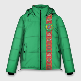 Мужская зимняя куртка 3D с принтом Туркменистан, лента с гербом , верх — 100% полиэстер; подкладка — 100% полиэстер; утеплитель — 100% полиэстер | длина ниже бедра, свободный силуэт Оверсайз. Есть воротник-стойка, отстегивающийся капюшон и ветрозащитная планка. 

Боковые карманы с листочкой на кнопках и внутренний карман на молнии. | Тематика изображения на принте: tkm | tm | trkmenistan | азия | ашхабад | герб | государство | знак | надпись | патриот | полосы | республика | символ | снг | страна | туркмен | туркменистан | туркмения | флаг | флага | цвета