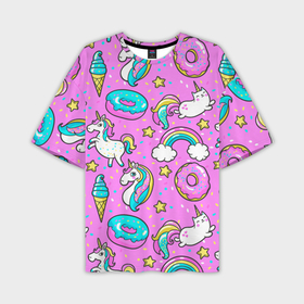 Мужская футболка oversize 3D с принтом Котики и Единороги в Кировске,  |  | Тематика изображения на принте: единорог | мороженое | пони | пончики | радуга | розовый