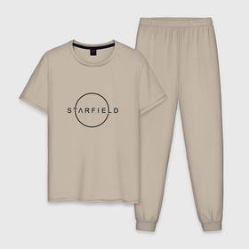 Мужская пижама хлопок с принтом Starfield в Кировске, 100% хлопок | брюки и футболка прямого кроя, без карманов, на брюках мягкая резинка на поясе и по низу штанин
 | Тематика изображения на принте: 2019 | 2020 | bethesda | logo | starfield | звезды | игра | логотип | старфиелд