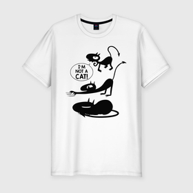 Мужская футболка хлопок Slim с принтом Not a cat в Новосибирске, 92% хлопок, 8% лайкра | приталенный силуэт, круглый вырез ворота, длина до линии бедра, короткий рукав | Тематика изображения на принте: disenchantment | luci | кот | люси | мэтт гроунинг | разочарование | тролль | эльф