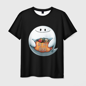 Мужская футболка 3D с принтом Be my Boo в Екатеринбурге, 100% полиэфир | прямой крой, круглый вырез горловины, длина до линии бедер | candy | deliciouse | ghost | halloween | night | pumpkin | spirit | treat | trick | вкусняшки | гадость | дух | конфеты | ночь | приведение | призрак | сладости | тыква | хеллоуин | хэллоуин