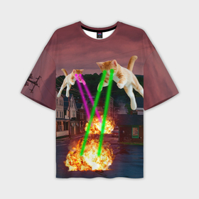 Мужская футболка oversize 3D с принтом Кошачья атака лазерами   мем авиация в Петрозаводске,  |  | attack | bomb | cat | lazer | meme | neon | party | вечеринка | взрыв | коты | кошак | кошка | лазер | мем | неон | огонь