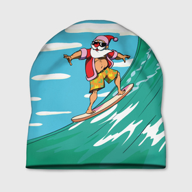 Шапка 3D с принтом Summer Santa   surfing в Курске, 100% полиэстер | универсальный размер, печать по всей поверхности изделия | cool | creative | design | holiday | merry christmas | new year | sea | summer | surfing | wave | волна | дизайн | канары | креатив | круто | лето | море | новый год | рождество | сёрфинг