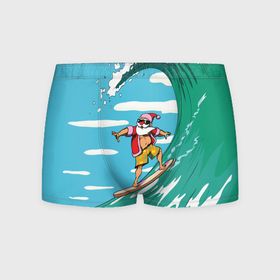 Мужские трусы 3D с принтом Summer Santa   surfing в Кировске, 50% хлопок, 50% полиэстер | классическая посадка, на поясе мягкая тканевая резинка | Тематика изображения на принте: cool | creative | design | holiday | merry christmas | new year | sea | summer | surfing | wave | волна | дизайн | канары | креатив | круто | лето | море | новый год | рождество | сёрфинг