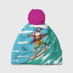Шапка 3D c помпоном с принтом Summer Santa   surfing в Петрозаводске, 100% полиэстер | универсальный размер, печать по всей поверхности изделия | cool | creative | design | holiday | merry christmas | new year | sea | summer | surfing | wave | волна | дизайн | канары | креатив | круто | лето | море | новый год | рождество | сёрфинг
