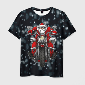 Мужская футболка 3D с принтом Крутой Санта , 100% полиэфир | прямой крой, круглый вырез горловины, длина до линии бедер | art | bike | biker | christmas | happy new year | new year | road | santa | арт | байк | байкер | дед мороз | мотоцикл | на мотоцикле | новогодний | новый год | рождественский | рождество | санта | санта на байке
