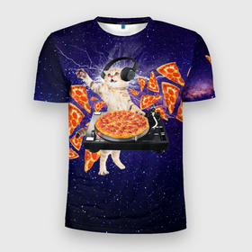 Мужская футболка 3D Slim с принтом Пицца   Кот в Белгороде, 100% полиэстер с улучшенными характеристиками | приталенный силуэт, круглая горловина, широкие плечи, сужается к линии бедра | Тематика изображения на принте: cat | galaxy | lightning | pizza | грозовой кошак | диджей | космос | кот | котики | котэ | кошак | метеориты | молния | пицца | прикол | приколы с котами | прикольная