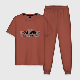Мужская пижама хлопок с принтом Deadwood (Дедвуд) в Тюмени, 100% хлопок | брюки и футболка прямого кроя, без карманов, на брюках мягкая резинка на поясе и по низу штанин
 | deadwood | америка | город | дедвуд | южная дакота
