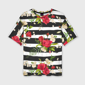 Женская футболка oversize 3D с принтом Розы и орхидеи в Тюмени,  |  | flowers | orchi | roses | белый | букеты | графика | зелёный | искусство | картинка | красивый | красный | крутой | листья | мода | модный | молодёжная | орнамент | орхидеи | полосы | рисунок | розы | рукоделие