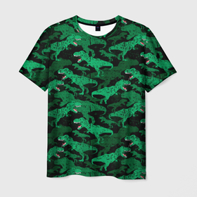 Мужская футболка 3D с принтом Зелёные тираннозавры   камуфляж в Петрозаводске, 100% полиэфир | прямой крой, круглый вырез горловины, длина до линии бедер | Тематика изображения на принте: 