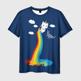 Мужская футболка 3D с принтом Летающий кот единорог в Курске, 100% полиэфир | прямой крой, круглый вырез горловины, длина до линии бедер | 