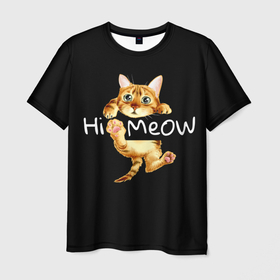 Мужская футболка 3D с принтом Привет мяу   рыжий котенок в Екатеринбурге, 100% полиэфир | прямой крой, круглый вырез горловины, длина до линии бедер | Тематика изображения на принте: animal | beautiful | cat | cute | green | hi | homemade | kitten | large | meow | red | striped | большие | глаза | графика | домашний | животное | зелёные | картинка | кот | котенок | красивый | милый | мяу | надпись | полосатый | привет