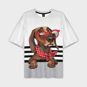 Мужская футболка oversize 3D с принтом Такса в очках в Тюмени,  |  | Тематика изображения на принте: animal | black | breed | dachshund | dog | domestic | drawing | gra | polka | red | shawl | stripes | white | белый | горошек | графика | домашняя | животное | красный | надпись | очки | платок | полосы | порода | рисунок | собака | такса | текс