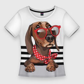 Женская футболка 3D Slim с принтом Такса в красных очках в Тюмени,  |  | animal | black | breed | dachshund | dog | domestic | drawing | gra | polka | red | shawl | stripes | white | белый | горошек | графика | домашняя | животное | красный | надпись | очки | платок | полосы | порода | рисунок | собака | такса | текс