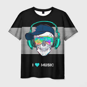 Мужская футболка 3D с принтом I like music   skull в Новосибирске, 100% полиэфир | прямой крой, круглый вырез горловины, длина до линии бедер | acid | baseball cap | bright | headphones | heart | i | love | music | skull | spectrum | strip | sym | бейсболка | графика | жёлтый | кислотные | люблю | музыка | надпись | наушники | очки | полосы | рисунок | сердце | символ | спектр | текст |