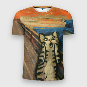Мужская футболка 3D Slim с принтом Крик котика в Курске, 100% полиэстер с улучшенными характеристиками | приталенный силуэт, круглая горловина, широкие плечи, сужается к линии бедра | cat | картина | кот | котик | котики | коты | котэ | кошак | крик | мем | приколы