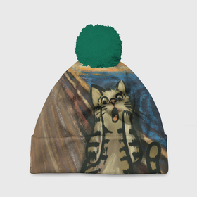 Шапка 3D c помпоном с принтом Крик котика , 100% полиэстер | универсальный размер, печать по всей поверхности изделия | cat | картина | кот | котик | котики | коты | котэ | кошак | крик | мем | приколы