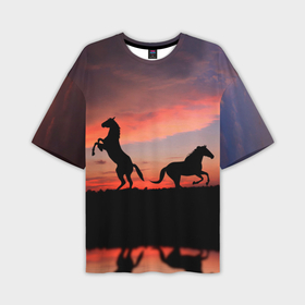 Мужская футболка oversize 3D с принтом Кони на закате в Екатеринбурге,  |  | животные | закат | кони | конь | лошади | лошадь | природа