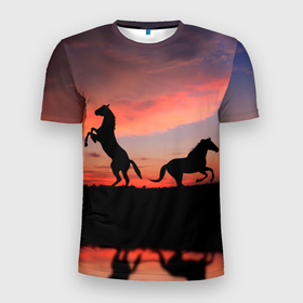 Мужская футболка 3D Slim с принтом Кони на закате в Белгороде, 100% полиэстер с улучшенными характеристиками | приталенный силуэт, круглая горловина, широкие плечи, сужается к линии бедра | Тематика изображения на принте: животные | закат | кони | конь | лошади | лошадь | природа
