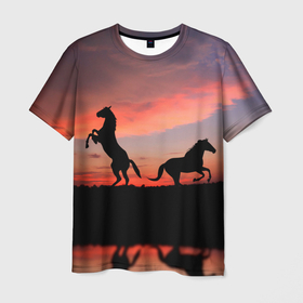 Мужская футболка 3D с принтом Кони на закате , 100% полиэфир | прямой крой, круглый вырез горловины, длина до линии бедер | животные | закат | кони | конь | лошади | лошадь | природа