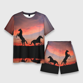 Мужской костюм с шортами 3D с принтом Кони на закате в Екатеринбурге,  |  | животные | закат | кони | конь | лошади | лошадь | природа
