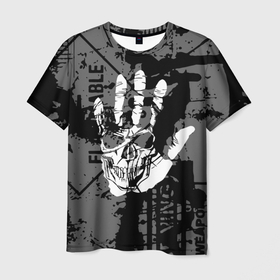 Мужская футболка 3D с принтом Stop в Новосибирске, 100% полиэфир | прямой крой, круглый вырез горловины, длина до линии бедер | Тематика изображения на принте: black | caution | gray | halloween | hand | skeleton | skull | stop | white | белый | предупреждение | рука | серый | скелет | хэллоуин | череп | черный