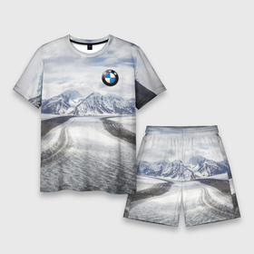 Мужской костюм с шортами 3D с принтом BMW   снежная вершина ,  |  | bmw | clouds | ice | mountains | prestige | road | sky | snow | бмв | горы | дорога | лед | небо | облака | престиж | снег