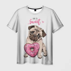 Мужская футболка 3D с принтом Love is sweet в Санкт-Петербурге, 100% полиэфир | прямой крой, круглый вырез горловины, длина до линии бедер | breed | cute | dog | donut | gift | heart | icing | look | pink | pug | saint | sweet | valentine | валентина | взгляд | глазурь | день | милый | мопс | подарок | пончик | порода | розовый | святого | сердце | сладкий | собака