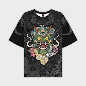 Мужская футболка oversize 3D с принтом Балийский дракон в Новосибирске,  |  | character | dragon | east | eyes | fangs | horns | japan | japanese | legend | mask | mythological | pattern | yellow | восток | глаза | дракон | желтые | клыки | легенда | маска | мифологический | персонаж | рога | узор | япония | японский