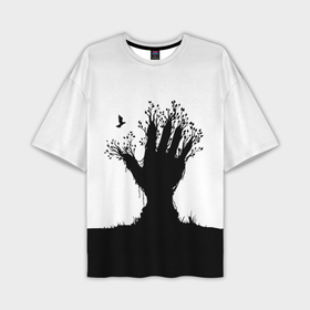 Мужская футболка oversize 3D с принтом Дерево рука   экология в Белгороде,  |  | bird | branches | ground | hand | leafs | tree | ветки | дерево | земля | листья | птица | рука