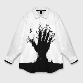 Женская рубашка oversize 3D с принтом Дерево рука   экология в Белгороде,  |  | bird | branches | ground | hand | leafs | tree | ветки | дерево | земля | листья | птица | рука