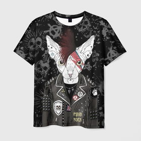 Мужская футболка 3D с принтом Сфинкс в косухе в Белгороде, 100% полиэфир | прямой крой, круглый вырез горловины, длина до линии бедер | anarchy | breed | cat | clothes | cool | hairstyle | icon | jacket | kote | mohawk | muzzle | piercing | punk | riveting | rock | skull | sphinx | spikes | tattoo | анархия | значок | ирокез | к | клепки | кот | котик | котэ | круто | куртка | оде