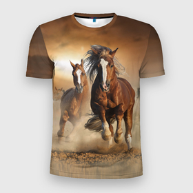 Мужская футболка 3D Slim с принтом Бегущие лошади в Тюмени, 100% полиэстер с улучшенными характеристиками | приталенный силуэт, круглая горловина, широкие плечи, сужается к линии бедра | animal | color | dust | hooves | horse | mane | mustang | muzzle | nature | sky | speed | грива | животное | конь | копыта | лошадь | мустанг | небо | окрас | природа | пыль | скакун | скорость