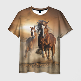 Мужская футболка 3D с принтом Бегущие лошади в Белгороде, 100% полиэфир | прямой крой, круглый вырез горловины, длина до линии бедер | animal | color | dust | hooves | horse | mane | mustang | muzzle | nature | sky | speed | грива | животное | конь | копыта | лошадь | мустанг | небо | окрас | природа | пыль | скакун | скорость