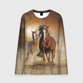 Мужской лонгслив 3D с принтом Бегущие лошади в Екатеринбурге, 100% полиэстер | длинные рукава, круглый вырез горловины, полуприлегающий силуэт | animal | color | dust | hooves | horse | mane | mustang | muzzle | nature | sky | speed | грива | животное | конь | копыта | лошадь | мустанг | небо | окрас | природа | пыль | скакун | скорость