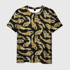 Мужская футболка 3D с принтом Золотые карпы кои в Курске, 100% полиэфир | прямой крой, круглый вырез горловины, длина до линии бедер | Тематика изображения на принте: 