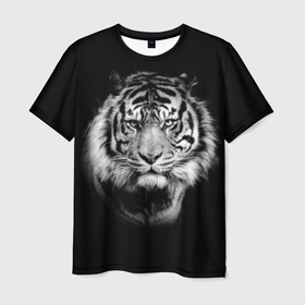 Мужская футболка 3D с принтом Тигр   портрет , 100% полиэфир | прямой крой, круглый вырез горловины, длина до линии бедер | Тематика изображения на принте: animal | beautiful | black | cool | fangs | fauna | mustache | muzzle | nature | photo | predator | striped | tiger | view | white | wild | wool | белый | взгляд | дикий | животное | клыки | красивый | круто | полосатый | природа | тигр | усы | фа