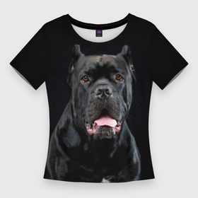 Женская футболка 3D Slim с принтом Черный кан   корсо в Курске,  |  | animal | background | beast | black | breed | can   corso | cool | cute | dog | ears | fangs | jaw | look | muzzle | portrait | tongue | wool | взгляд | животное | зверь | кан   корсо | клыки | милый | пёс | порода | портрет | прикольно | псина | 