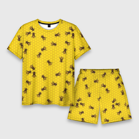 Мужской костюм с шортами 3D с принтом Пчелы в сотах в Тюмени,  |  | bee | beehive | brown | bug | honey | honeycomb | insect | toiler | yellow | букашка | желтый | коричневый | мёд | насекомое | пчела | соты | труженик | улей