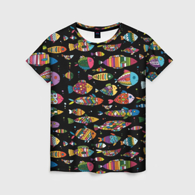 Женская футболка 3D с принтом Разноцветные рыбы   черный фон в Санкт-Петербурге, 100% полиэфир ( синтетическое хлопкоподобное полотно) | прямой крой, круглый вырез горловины, длина до линии бедер | abstraction | art | bright | colorful | cool | fin | fish | funny | tail | water | абстракция | арт | вода | плавник | прикольно | разноцветный | рыба | смешно | хвост | яркий