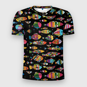Мужская футболка 3D Slim с принтом Разноцветные рыбы в Белгороде, 100% полиэстер с улучшенными характеристиками | приталенный силуэт, круглая горловина, широкие плечи, сужается к линии бедра | abstraction | art | bright | colorful | cool | fin | fish | funny | tail | water | абстракция | арт | вода | плавник | прикольно | разноцветный | рыба | смешно | хвост | яркий