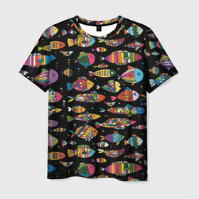 Мужская футболка 3D с принтом Разноцветные рыбы в Петрозаводске, 100% полиэфир | прямой крой, круглый вырез горловины, длина до линии бедер | abstraction | art | bright | colorful | cool | fin | fish | funny | tail | water | абстракция | арт | вода | плавник | прикольно | разноцветный | рыба | смешно | хвост | яркий