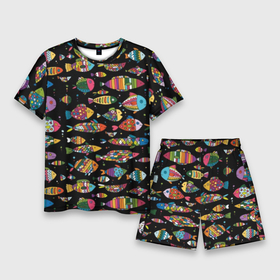 Мужской костюм с шортами 3D с принтом Разноцветные рыбы ,  |  | abstraction | art | bright | colorful | cool | fin | fish | funny | tail | water | абстракция | арт | вода | плавник | прикольно | разноцветный | рыба | смешно | хвост | яркий