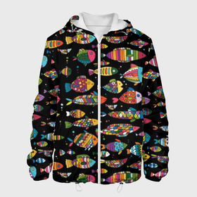 Мужская куртка 3D с принтом Разноцветные рыбы в Курске, ткань верха — 100% полиэстер, подклад — флис | прямой крой, подол и капюшон оформлены резинкой с фиксаторами, два кармана без застежек по бокам, один большой потайной карман на груди. Карман на груди застегивается на липучку | abstraction | art | bright | colorful | cool | fin | fish | funny | tail | water | абстракция | арт | вода | плавник | прикольно | разноцветный | рыба | смешно | хвост | яркий