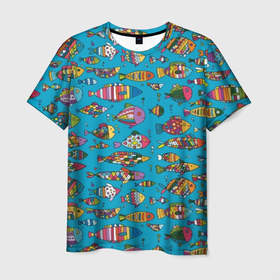 Мужская футболка 3D с принтом Разноцветные рыбы в Петрозаводске, 100% полиэфир | прямой крой, круглый вырез горловины, длина до линии бедер | 
