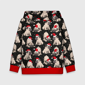 Детская толстовка 3D с принтом Новогодние мопсы , 100% полиэстер | двухслойный капюшон со шнурком для регулировки, мягкие манжеты на рукавах и по низу толстовки, спереди карман-кенгуру с мягким внутренним слоем | black | christmas | cute | dog | funny | hat | new year | pug | puppy | red | snow | white | winter | белый | зима | красный | мило | мопс | новогодний | новый год | пёс | прикольно | рождество | снег | собака | собакен | чёрный | шапка | щенок