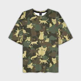 Мужская футболка oversize 3D с принтом Кошачий камуфляж ,  |  | Тематика изображения на принте: animal | camouflage | cat | funny | green | khaki | marsh | silhouette | болотный | животное | забавный | зеленый | камуфляж | кот | котик | силуэт | хаки