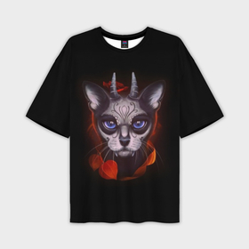 Мужская футболка oversize 3D с принтом Santa Muerte cat demon в Тюмени,  |  | Тематика изображения на принте: 