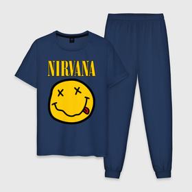 Мужская пижама хлопок с принтом NIRVANA в Тюмени, 100% хлопок | брюки и футболка прямого кроя, без карманов, на брюках мягкая резинка на поясе и по низу штанин
 | music | nirvana | rip smile | rock | smile | группа | курт кобейн | музыка | нирвана | рок | смайл